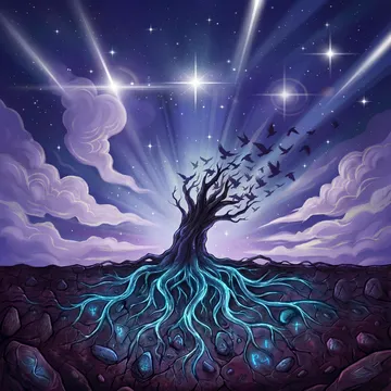 a luminous white tree or branching light form rises from dark earth against a deep blue background, with glowing veins and roots extending downward like a star map.