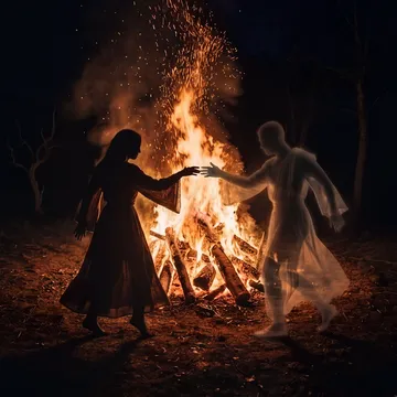 A woman in a dress in front of a large fire in the woods reaches out and almost touches hands with an ethereal man who reaches back.