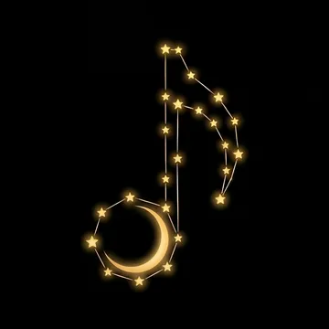 A treble clef musical symbol made of stars like a constellation, with a crescent moon in the base.