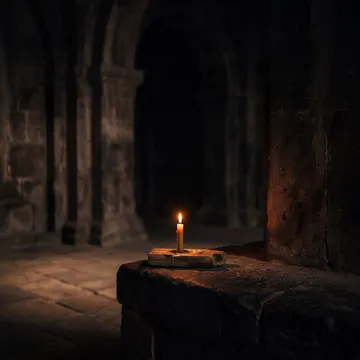 A candle sits on a stone pillar in a dark stone room.
