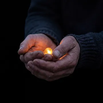 A pair of hands cup a flickering star-like globe as if to shelter it from the wind.