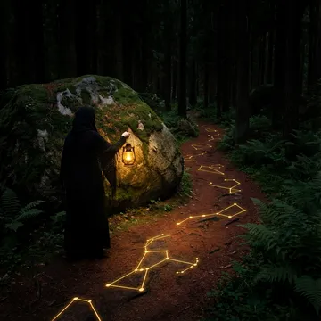 A cloaked figure with a lantern beside a boulder in a dark forest, golden constellation patterns illuminating the path ahead.