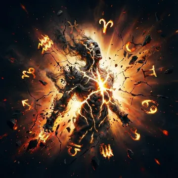 A radiant body split by lightning as zodiac signs orbit in a cosmic blast