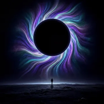 An eclipse haloed by luminous spirals over a tiny figure on the ground