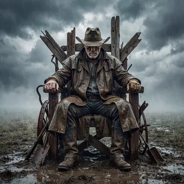 A weathered man in a cowboy hat grips the arms of a crude wooden throne in a muddy field under dark, stormy skies.
