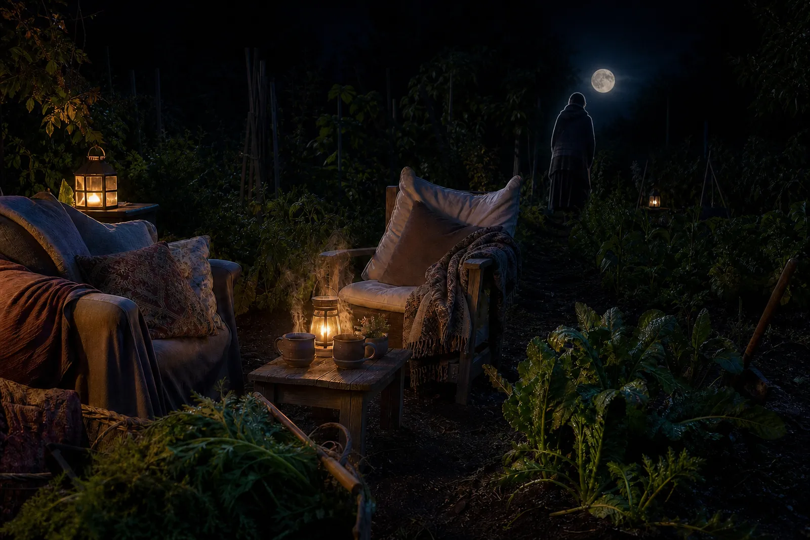 Two comfortable chairs sit in a garden with a woman in the background.