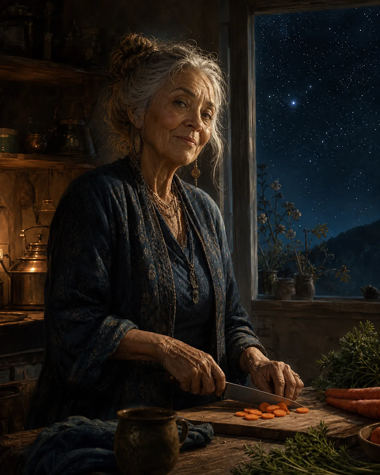 And older woman stars at the camera while chopping carrots