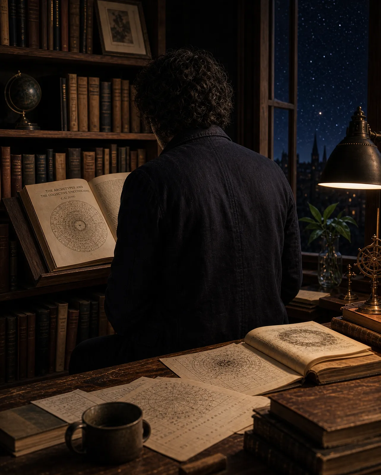 A man in a library is facing away from the camera reading a book