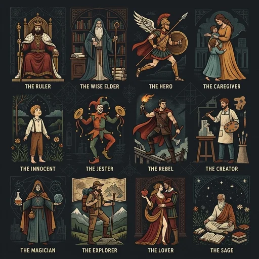 Twelve archetypal figures in tarot-style cards